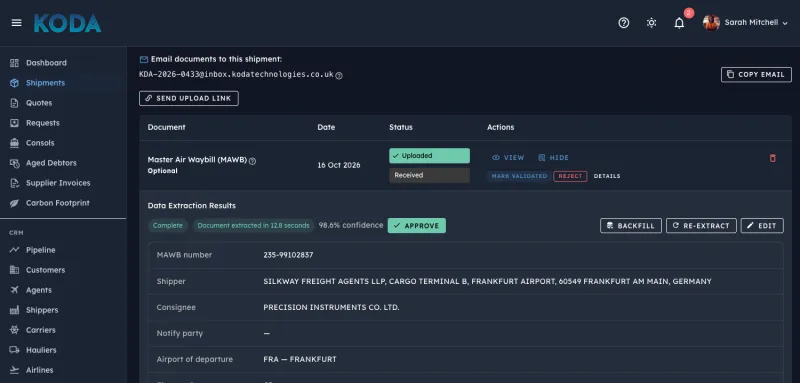 Koda Document Management - AI data extraction results for an air waybill with 98.6% confidence