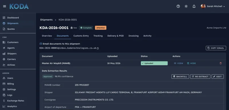 Koda Document Management - AI data extraction results for an air waybill with 98.9% confidence