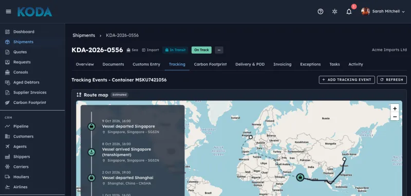 Koda Route Map - estimated vessel position and tracking timeline for a sea shipment