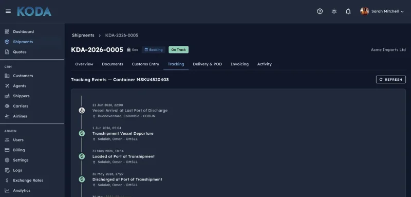 Koda Shipment Tracking - live container tracking timeline with transhipment events